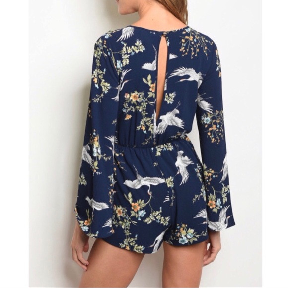 Navy Floral Romper with Cranes - Picture 2 of 3